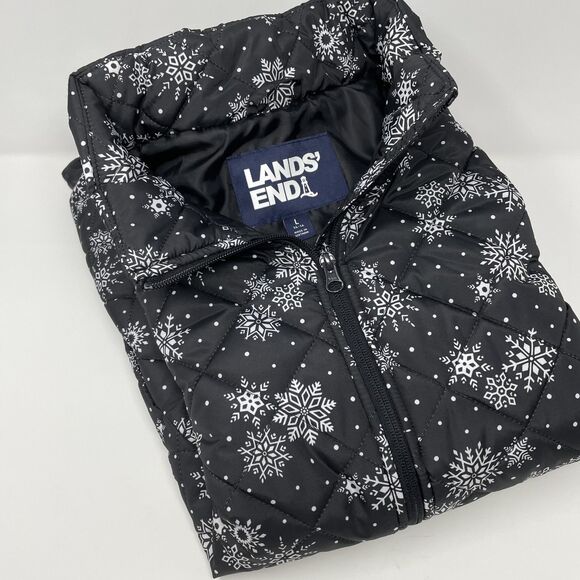 Land's End Women's Quilted Puffer Vest Black with White Snowflakes Large - Picture 2 of 9